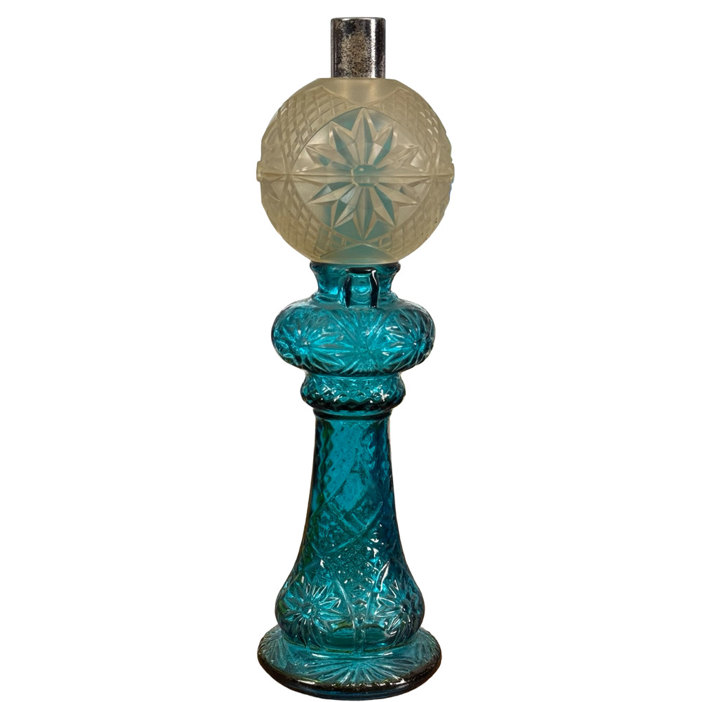 Avon Vintage Hurricane Lamp Blue Teal Perfume Bottle Cologne Glass Empty